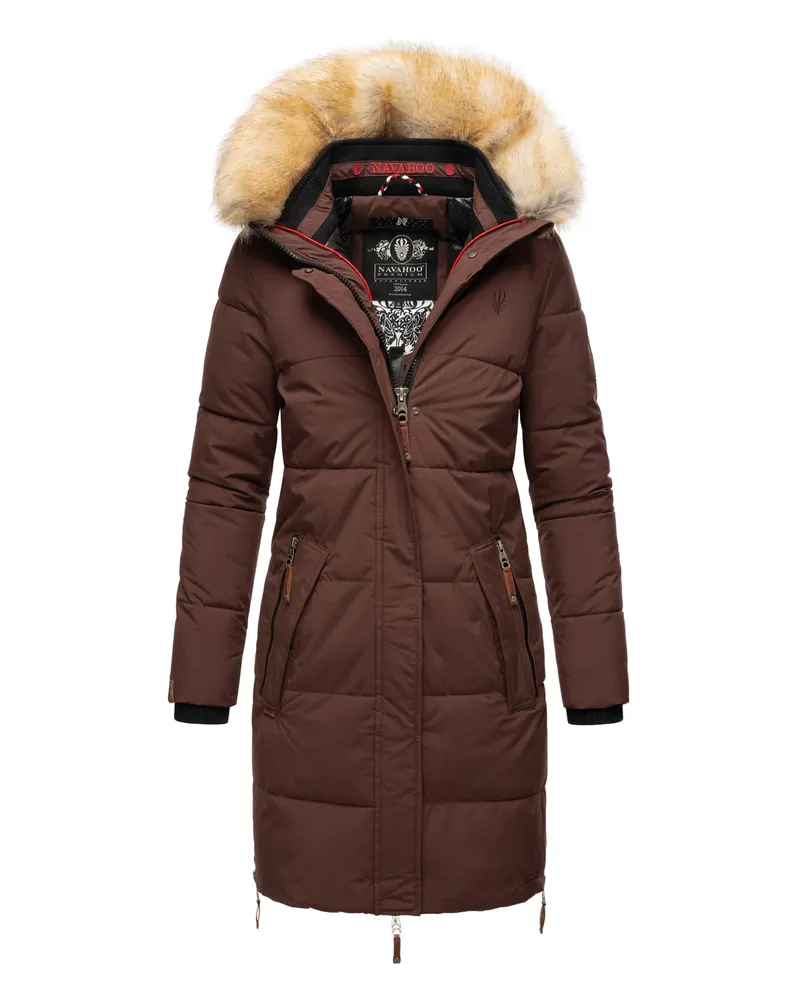 NAVAHOO Damen Winterjacke Halina – Warmer Parka mit Abnehmbarem Kunstfellkragen Braun