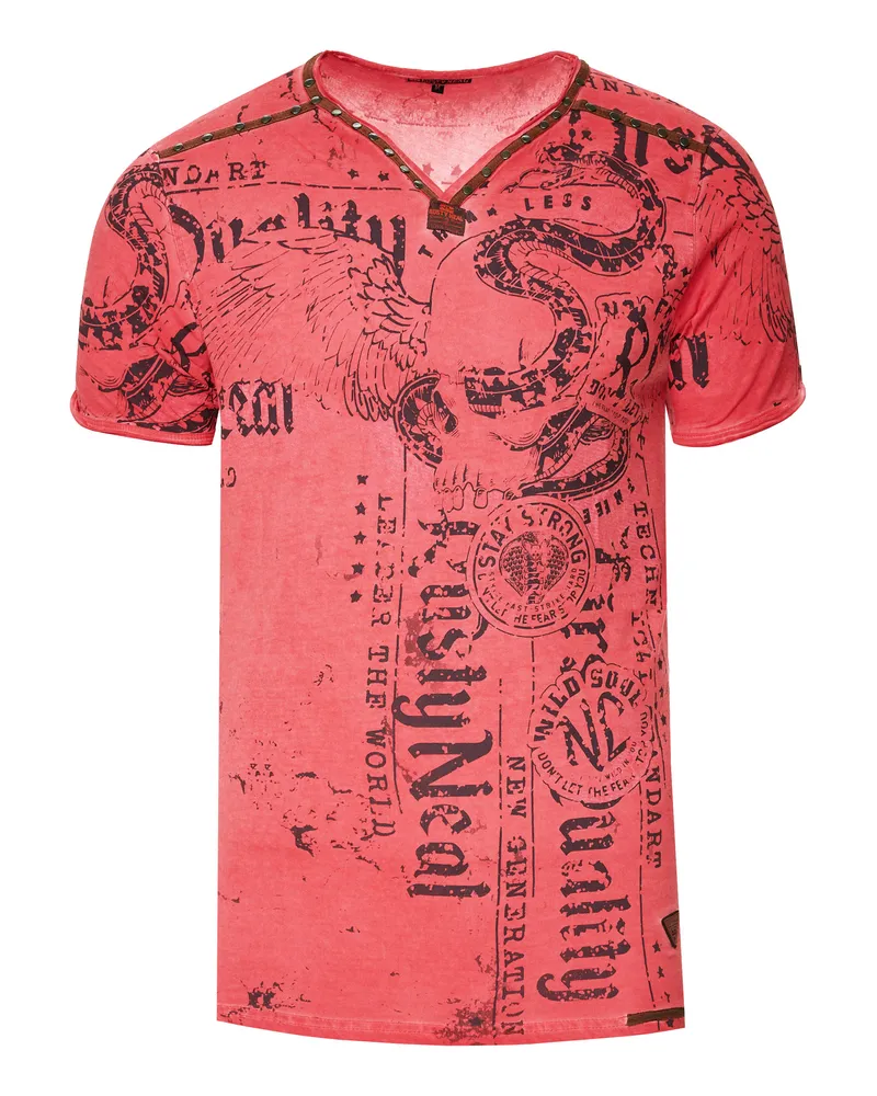 Rusty Neal V-Neck T-Shirt Verwaschen mit Prints und Wildleder Details Rot