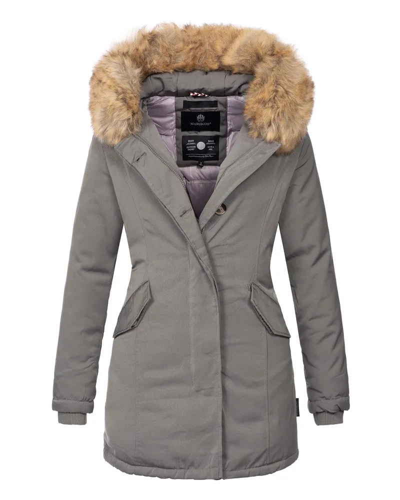 Marikoo Damen Winter Parka Karmaa mit abnehmbarem Kunstfellkragen Grau