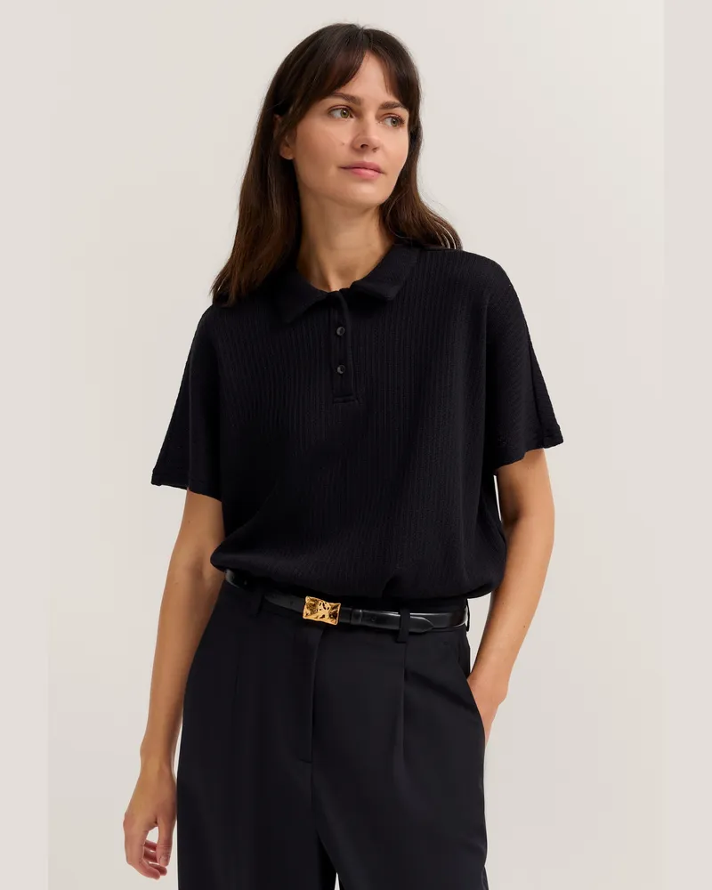Bugatti T-Shirt aus strukturierter Baumwollmischung - Schwarz Schwarz