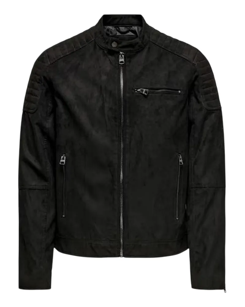 only Bikerjacke für Herren, Reißverschlusstasche (Schwarz Schwarz