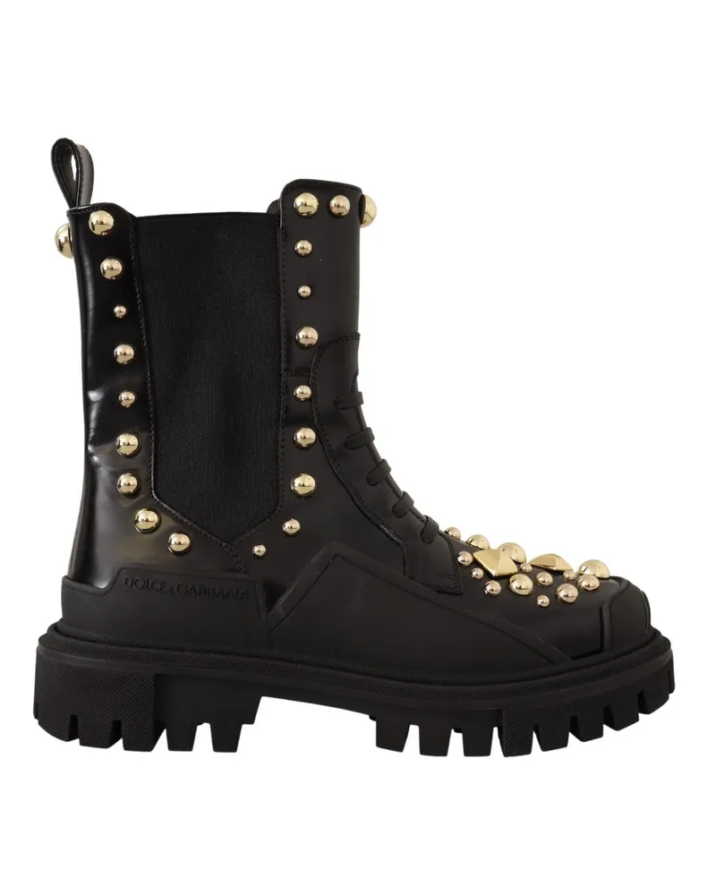 Dolce & Gabbana Damen Schwarze Leder Nietenkampfstiefel Schwarz