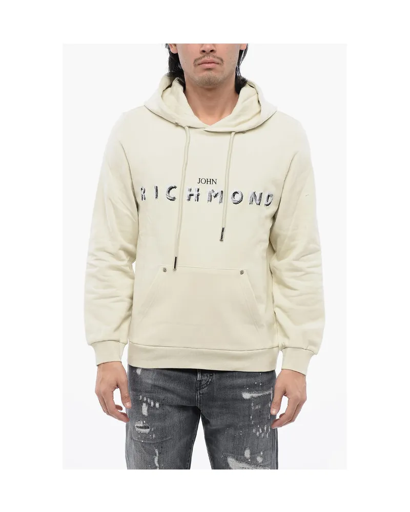 John Richmond Hoodie aus gebürsteter Baumwolle mit gesticktem Logo in Beige Beige