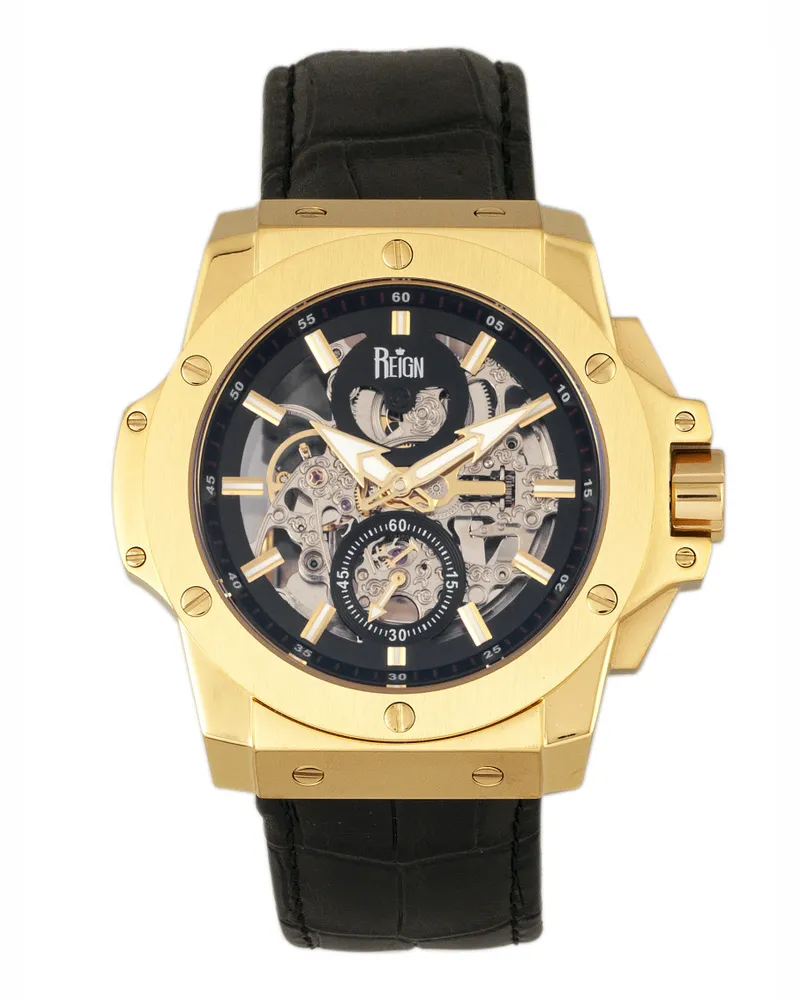 Reign Commodus Automatik-Skelett-Lederarmbanduhr Schwarz