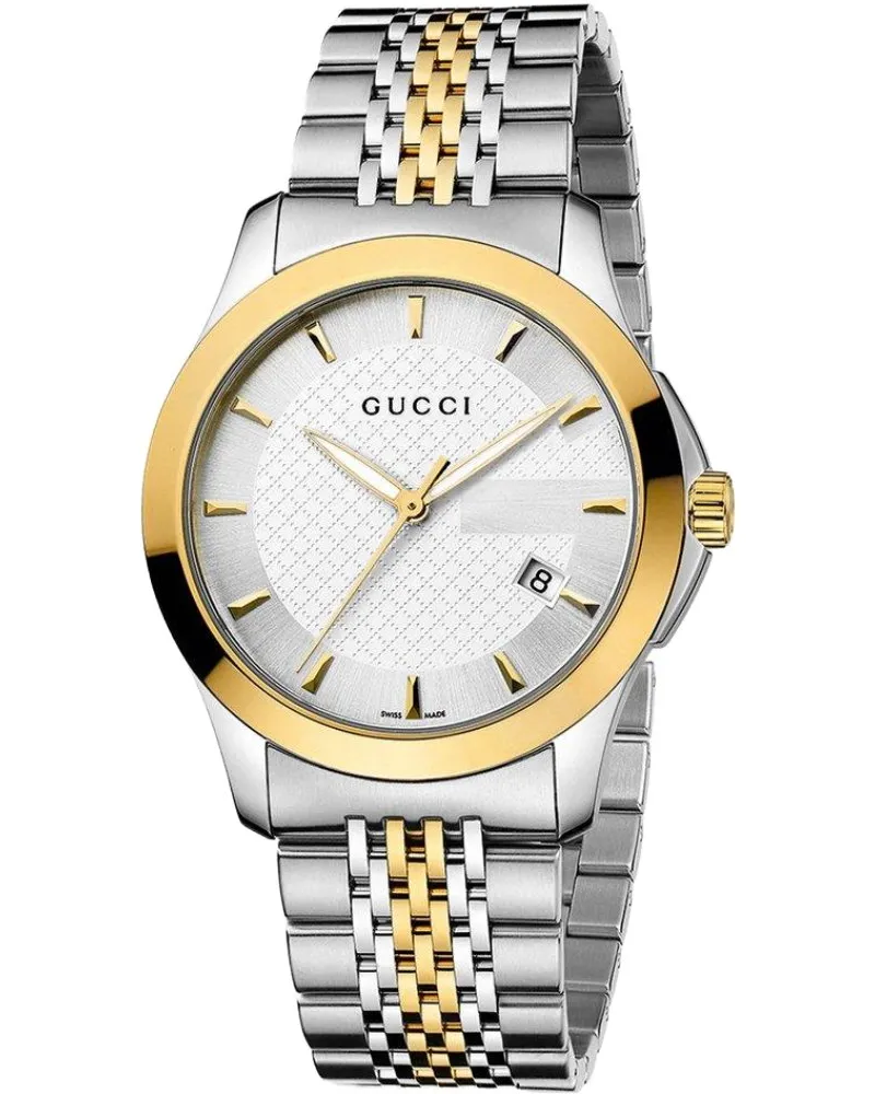 Gucci YA126409 G-Timeless Herrenuhr mit Zweifinish, römischen Ziffern und Edelstahlarmband - Silber/Gold Silber