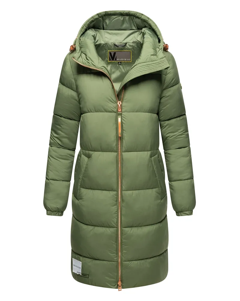 Marikoo lange Damen Steppjacke mit Kapuze & Kragen – Modell Nomadiaa Grün