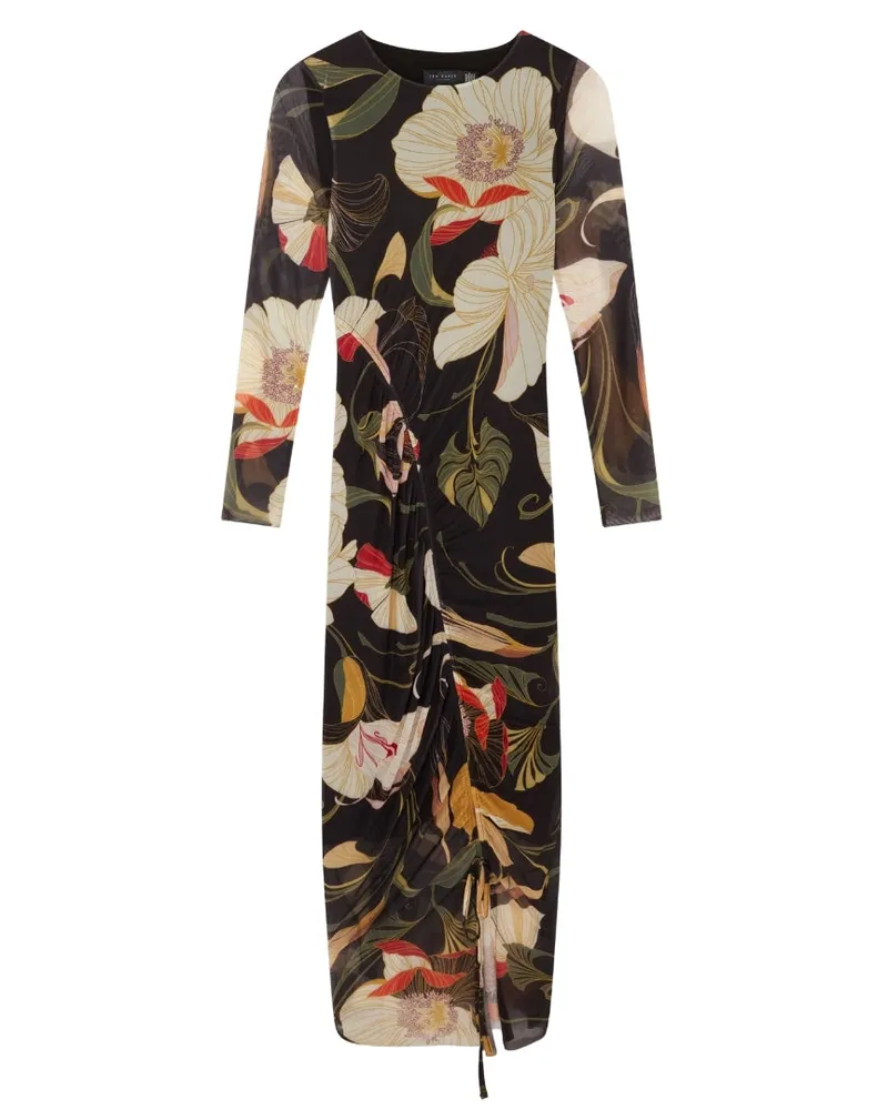 Ted Baker Bedrucktes, figurbetontes Midikleid aus Mesh mit Raffung - Schwarz Schwarz