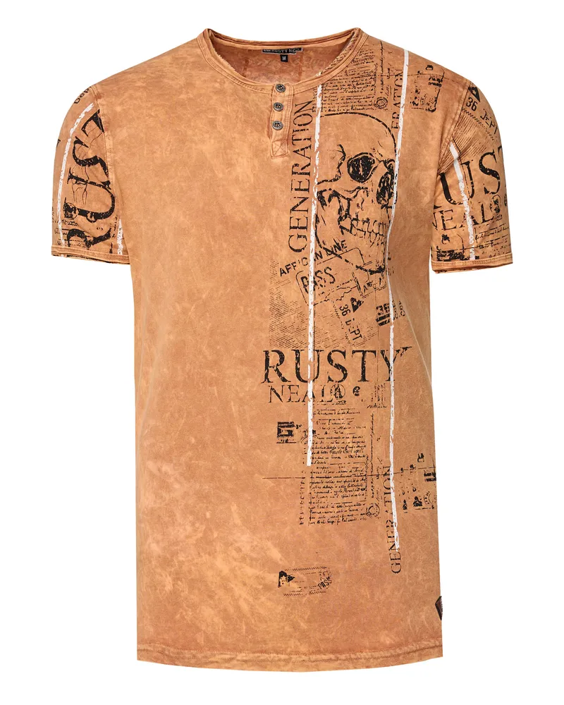 Rusty Neal Henley T-Shirt mit Knopfleiste und Seitlichen Front Prints Camel