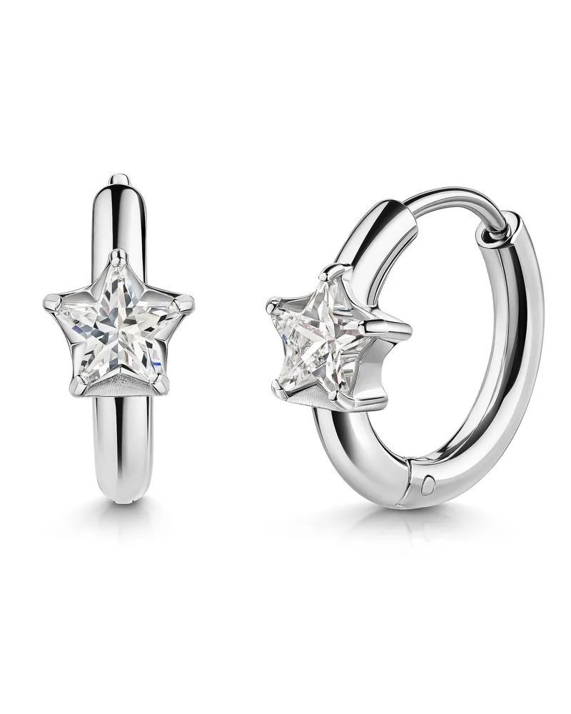 ZEEme Stainless-Steel Klappcreolen aus Edelstahl mit Zirkonia und Sterndetail - Silber Silber