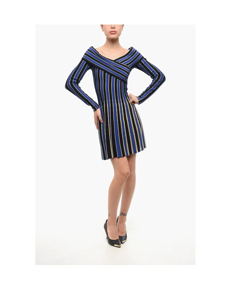 Balmain Gestreiftes Kleid mit Lurexbesatz in Blau, Schwarz Schwarz