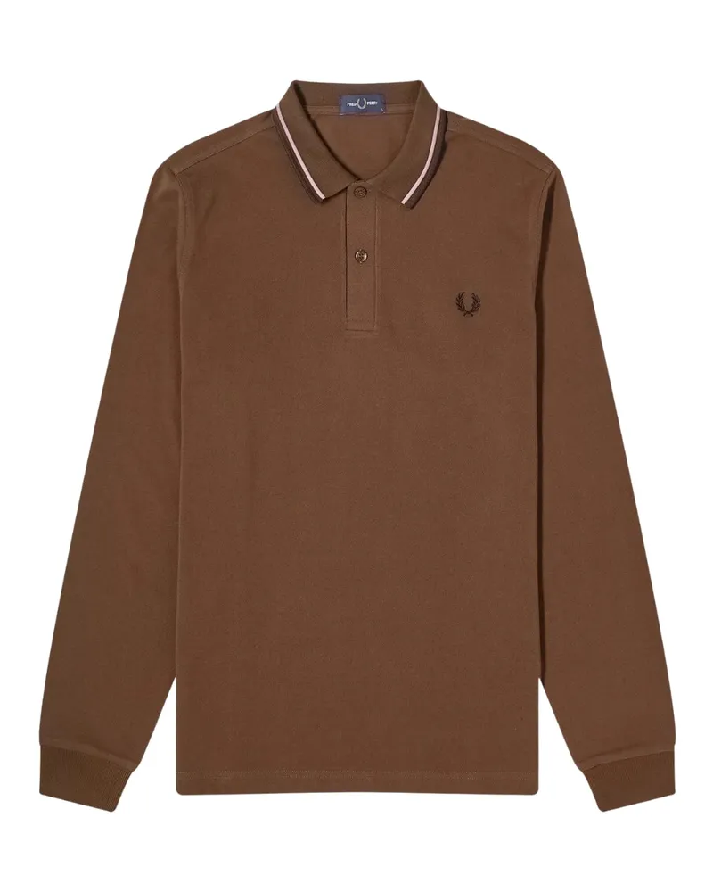 Fred Perry Poloshirt Mit Langen Ärmeln, Schwarz, Mit Zwei Farbtupfern Am Kragen Und In Der Farbe Burntobacco Braun