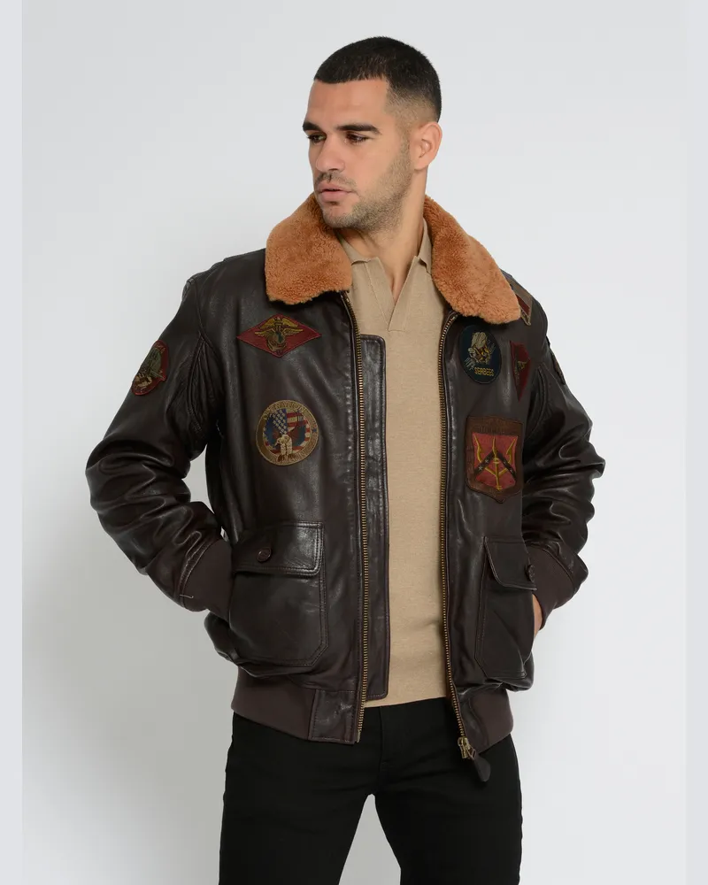 Top Gun Lederjacke TG2023004 mit Lammfellkragen Braun