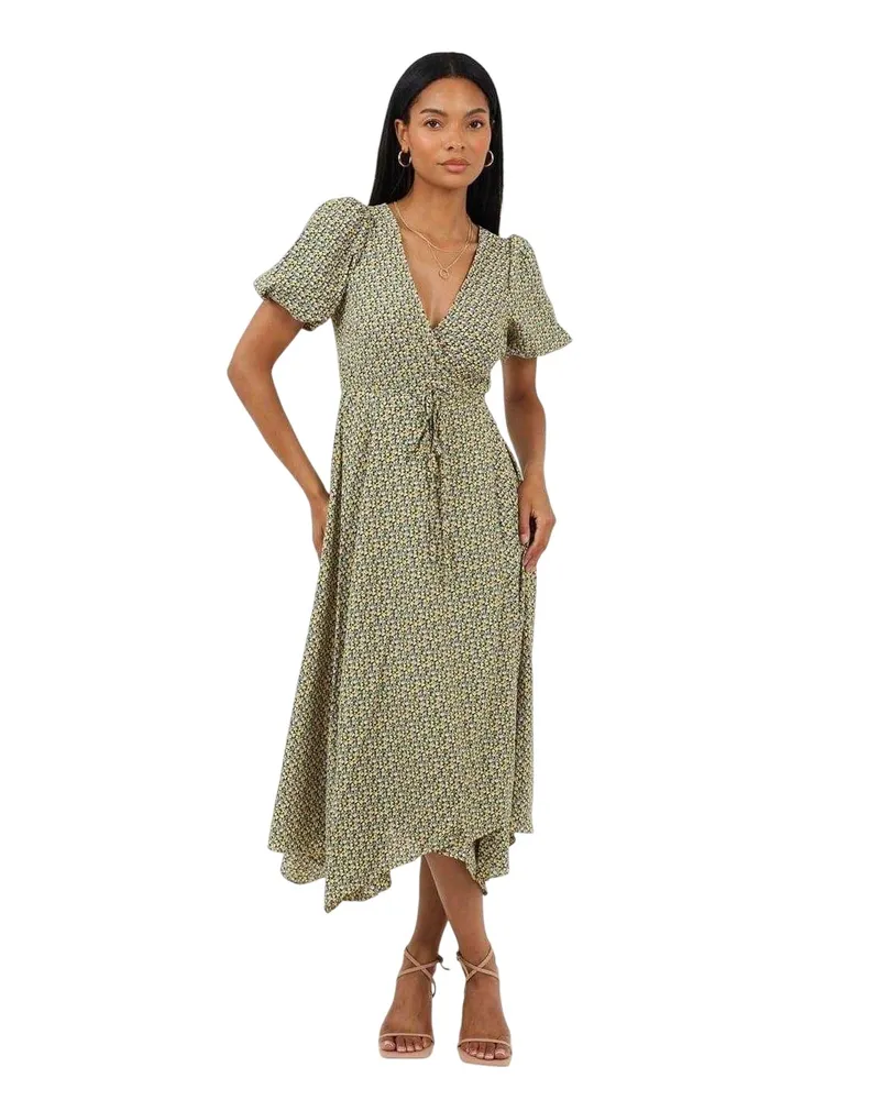 Brave Soul Midikleid für Damen, V-Ausschnitt (Gelb Gelb