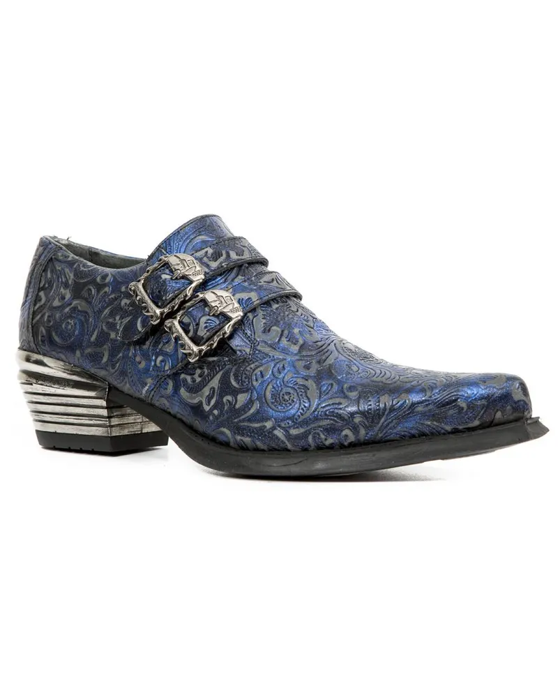 New Rock Vintage Blue Floral Lederschnallenschuhe-7960-S7 Blau