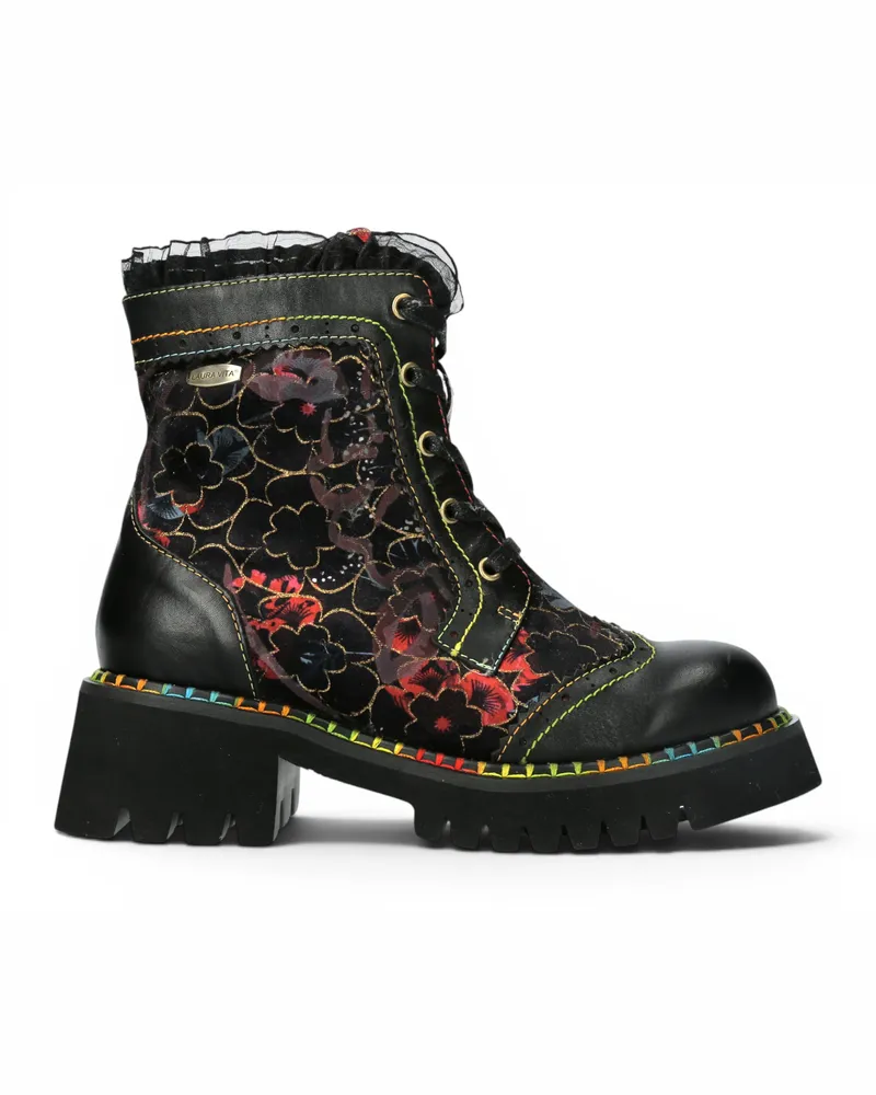 Laura Vita Gothic Floral Black Leather Leather Combat Boots für Damen – Oyao-11 Schwarz