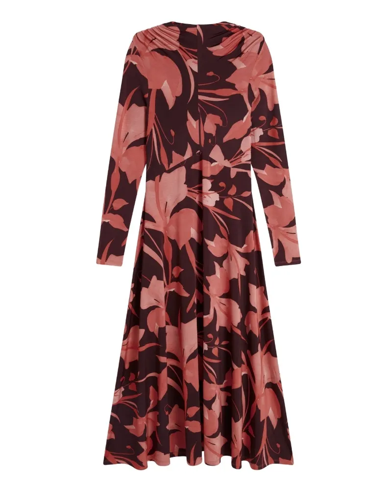 Ted Baker Starlah Slinky Jersey Bedrucktes Dunkelbraunes Midikleid Weinrot
