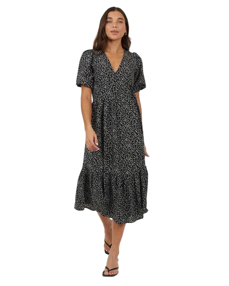 Brave Soul Wickelkleid für Damen, Puffärmel (Schwarz/Weiß Schwarz