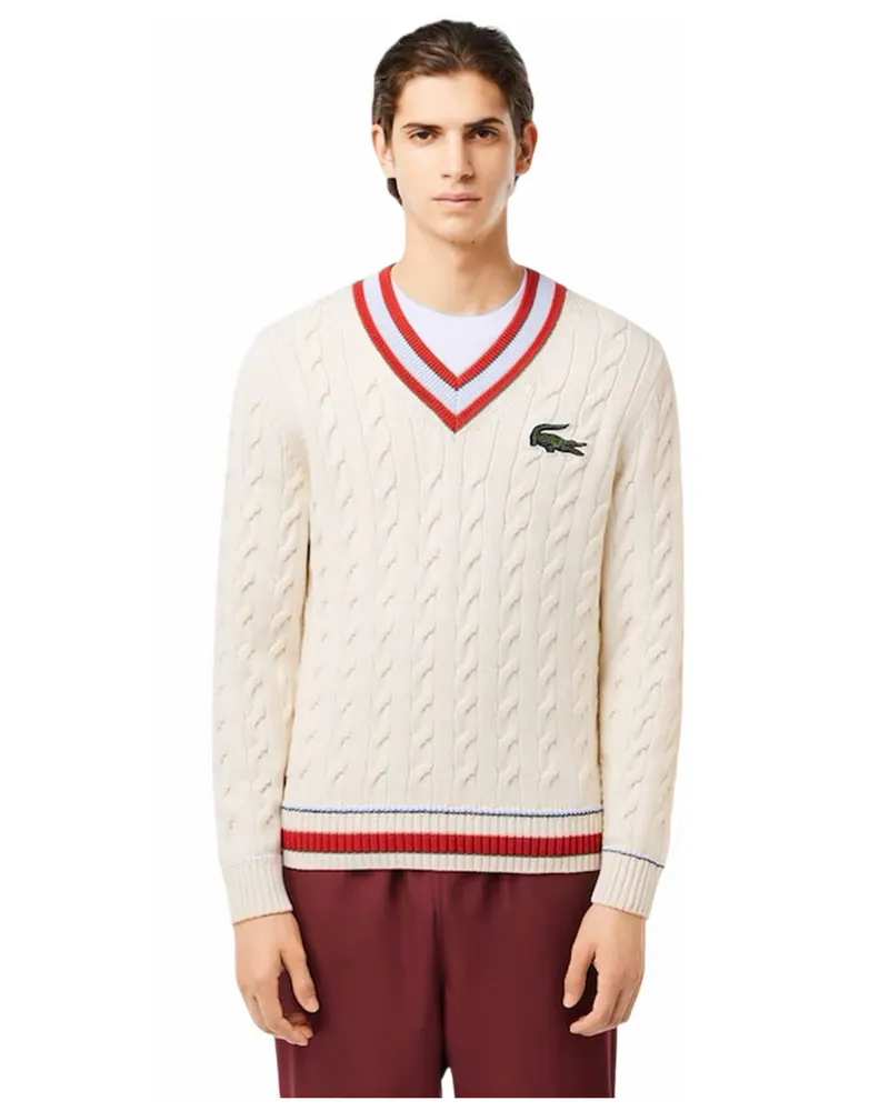 Lacoste Pullover Top für Herren/Damen Unisex, Gerippter Ärmelaufschlag, Mit Zopfmuster, Regulär (Cremefarbe/Rot Creme