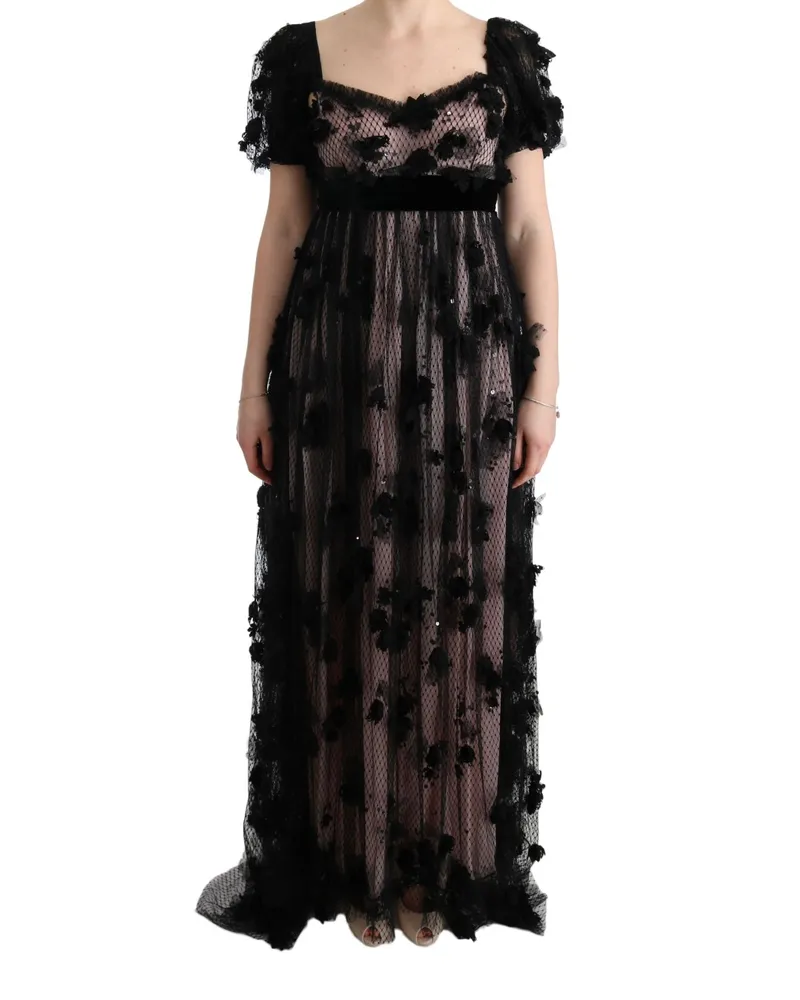 Dolce & Gabbana Blumenapplikationskleid mit langen Ärmeln Schwarz
