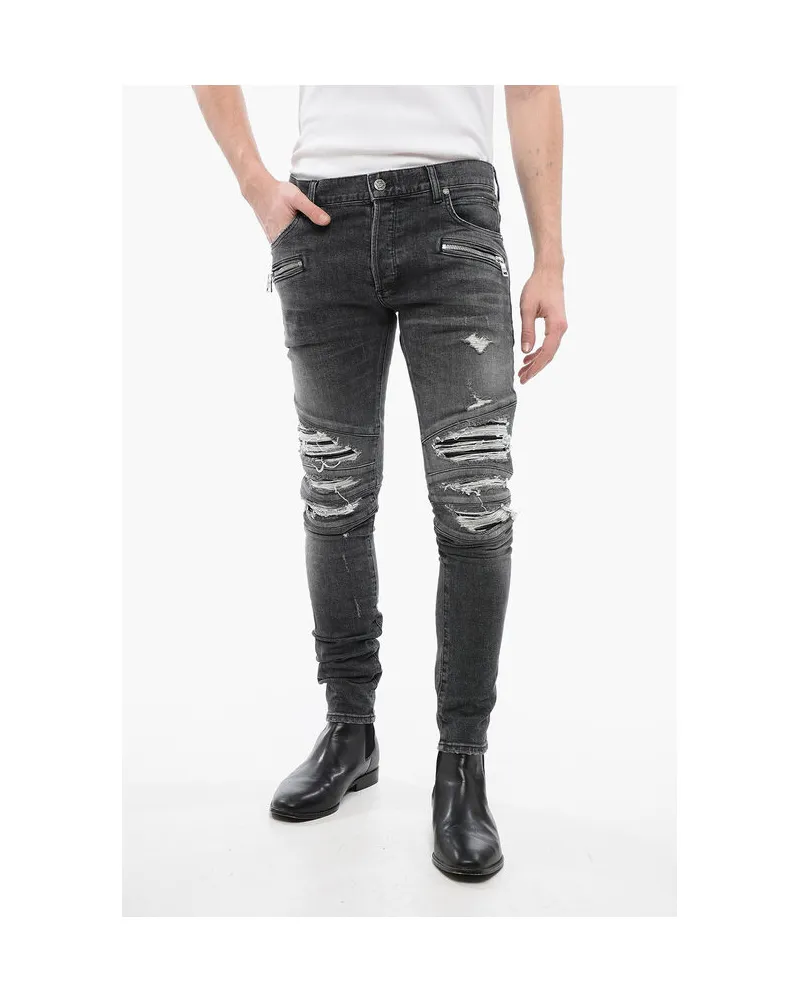 Balmain Distressed-Jeans mit mehreren Taschen und Biker-Einsätzen aus Leder 1 in Grau Grau