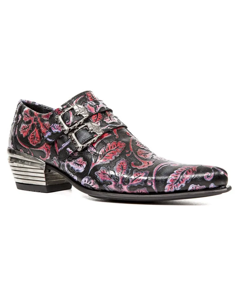 New Rock Vintage Rote Lederschnallenschuhe mit Blumenmuster-7960-S6 Schwarz