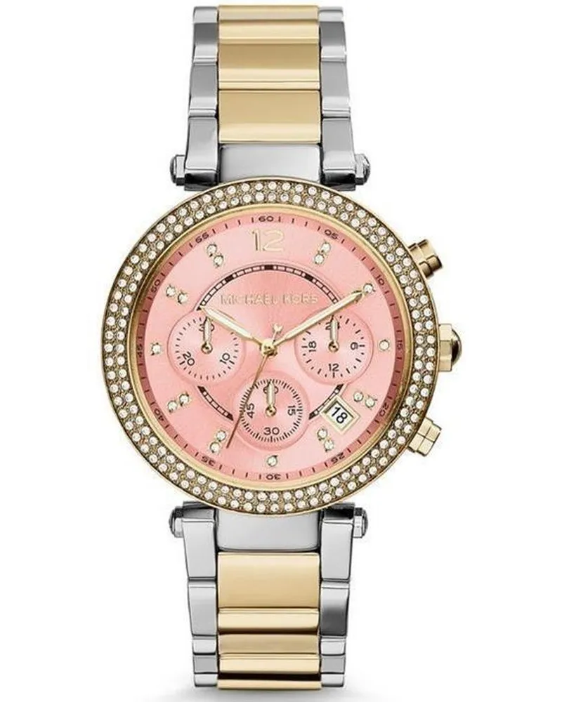 Michael Kors MK6140 Parker Damenuhr, Chronograph mit rosafarbenem Zifferblatt - Silber/Gold Silber