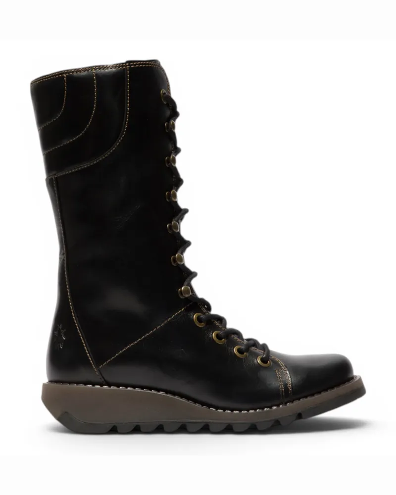 Fly London Women's Black Leather Strike-Up Combat Ankle Boots – STER768 Schwarz