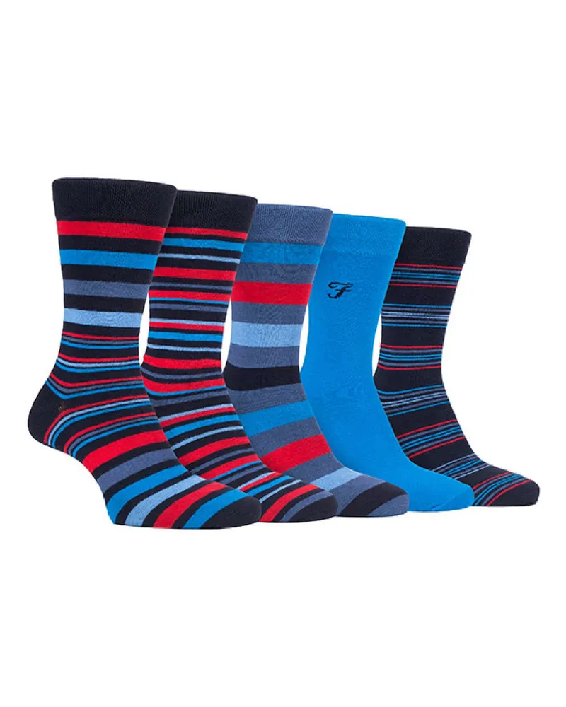 Farah 1920 5er Pack Herren Bambus Socken mit bunten Streifenmuster Marineblau