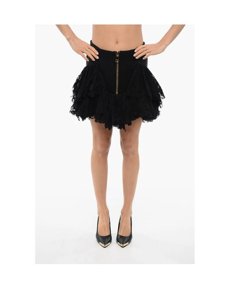 Balmain Minirock mit Spitzenrüschen und Reißverschluss hinten in Schwarz Schwarz