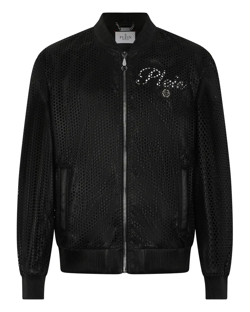 Philipp Plein Perforated Leather Nylon Bomber Schwarz