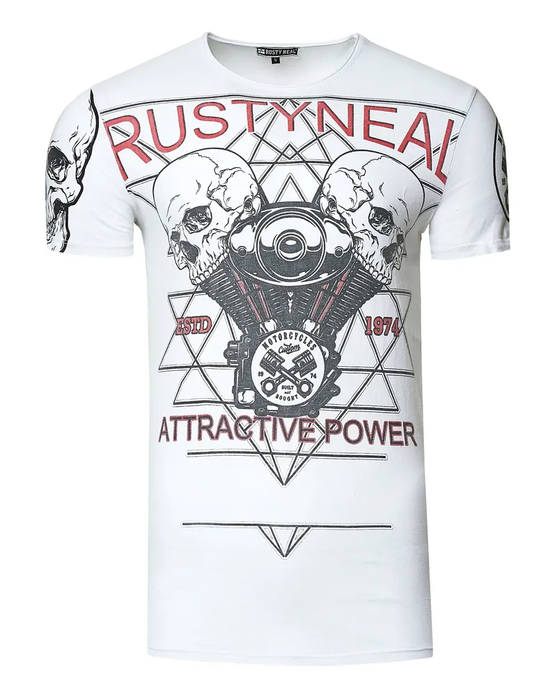 Rusty Neal Rocker T-Shirt Light Washed mit Skull-Print Weiß
