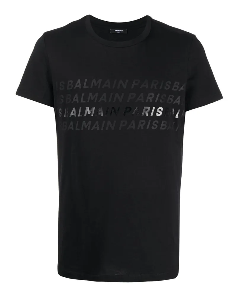 Balmain Paris - Schwarzes T-shirt Mit Mehreren Logos Schwarz