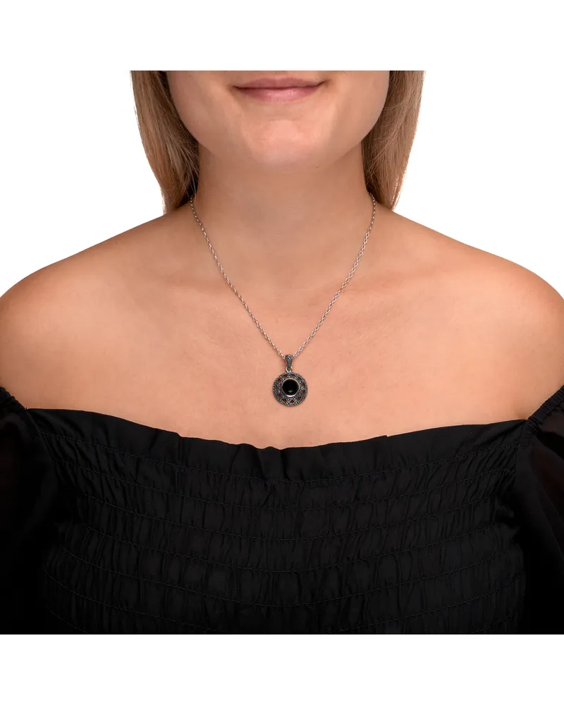 ZEEme Gemstones Halskette Silber 925 oxydiert 45cm lang mit schwarzem Achat 10mm Schwarz