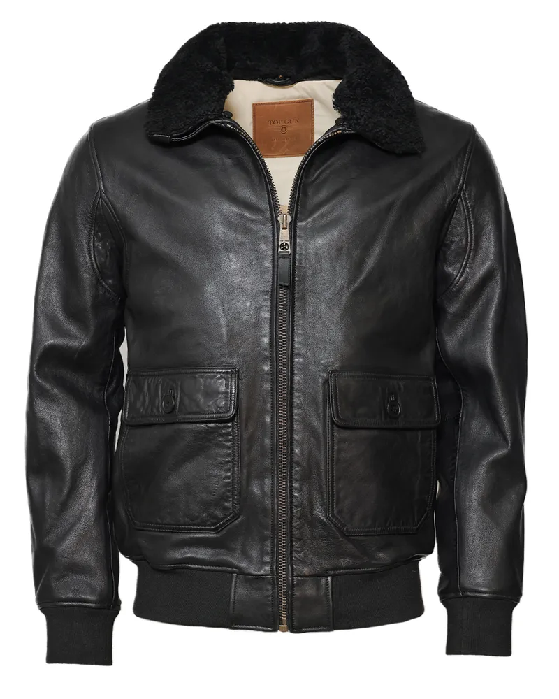 Top Gun Lederjacke TG2023002 mit Lammfellkragen Schwarz