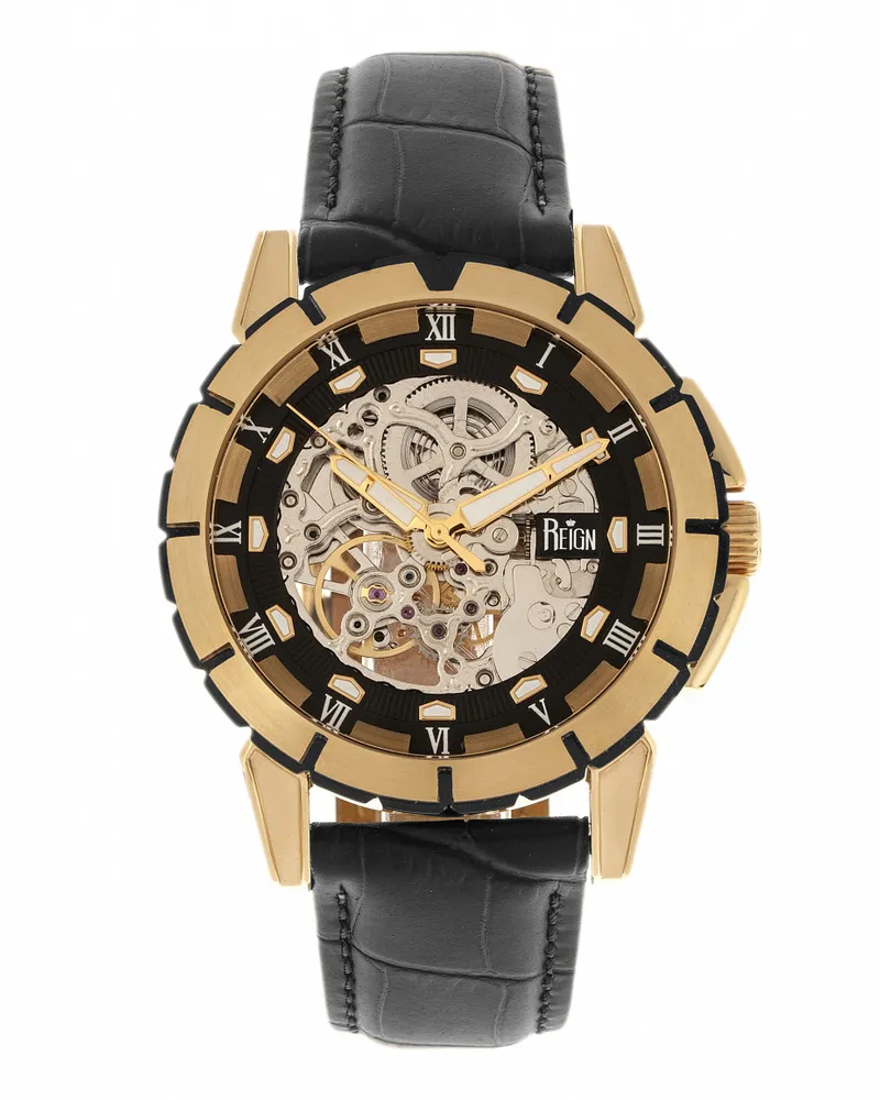 Reign Philippe Automatik Skelett-Lederarmbanduhr Gold