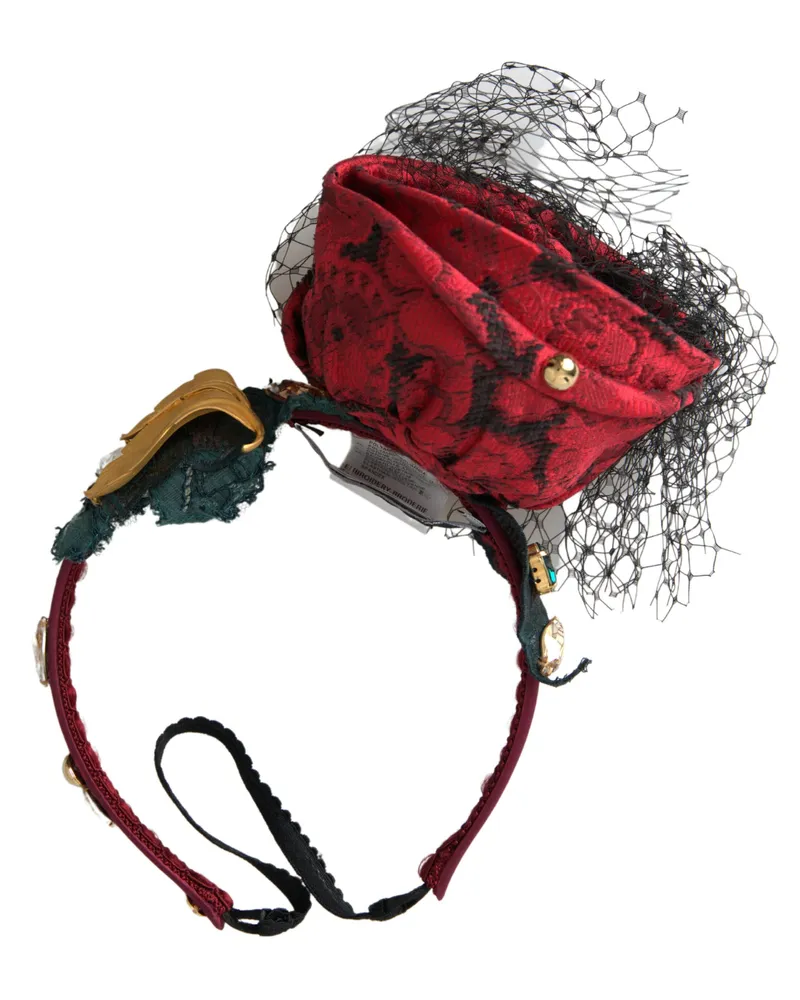 Dolce & Gabbana Rotes Diadem-Haarband mit mehrfarbigen Rosen aus Seiden-Kristallnetz-Logo Rot