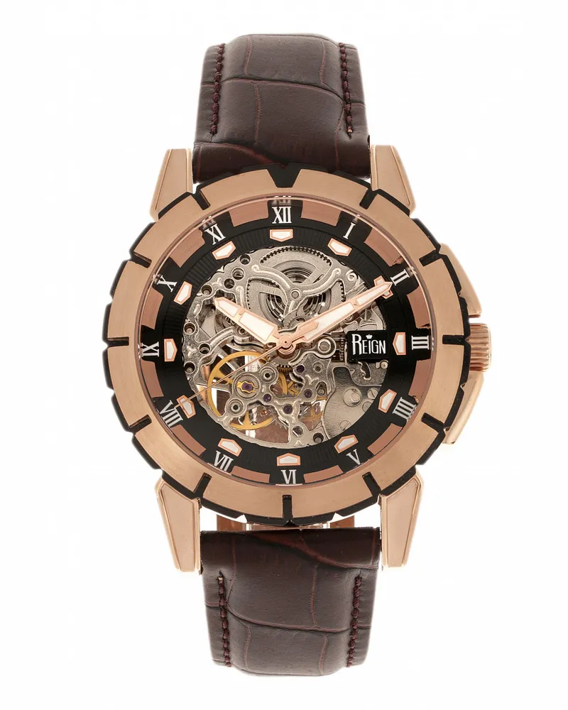 Reign Philippe Automatik Skelett-Lederarmbanduhr Roségold