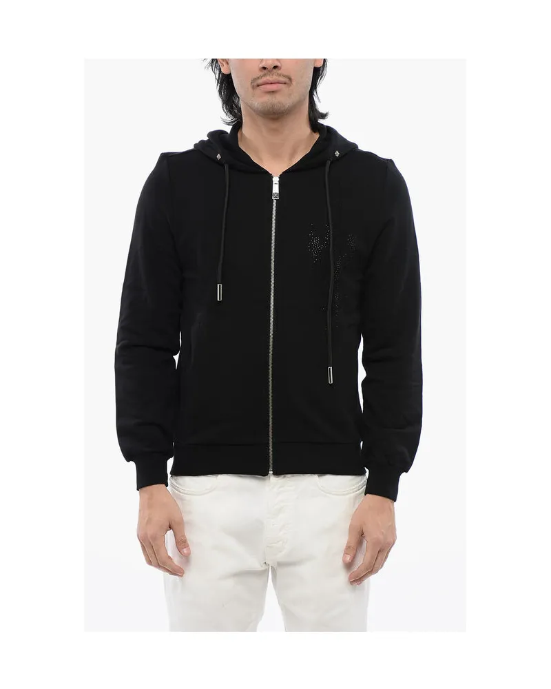 John Richmond Kapuzenpullover aus gebürsteter Baumwolle mit Reißverschluss und Strass-Tribal in Schwarz Schwarz