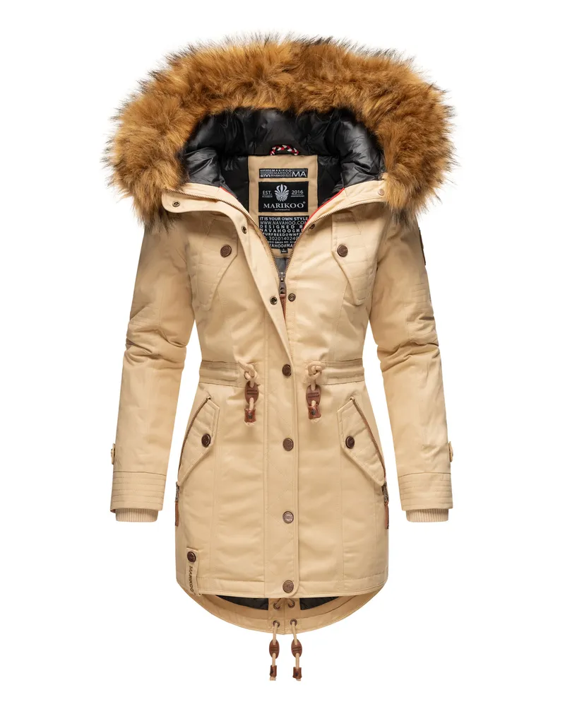 Marikoo Damen Winterjacke mit abnehmbarem Kunstfellkragen & Taillenzug Beige