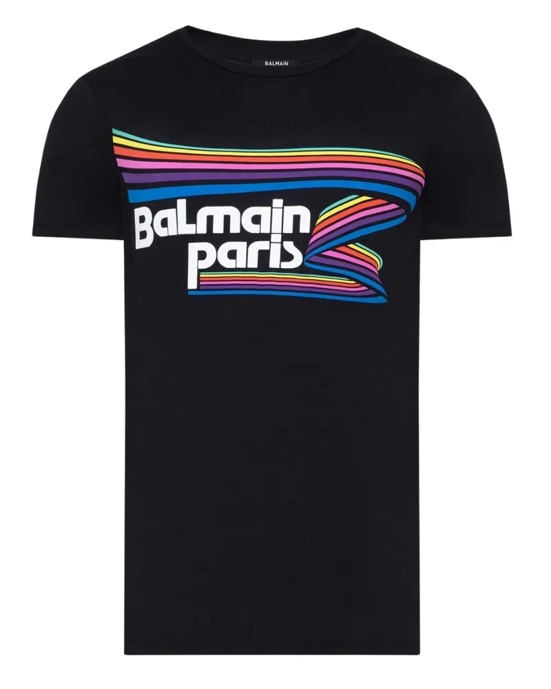 Balmain Paris - Schwarzes T-shirt Mit Regenbogen- Und Multilogo Schwarz