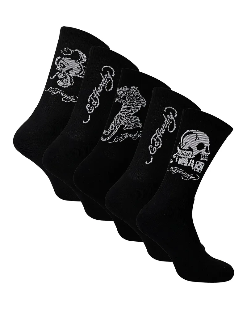 Ed Hardy 5er-Pack Herrensocken, Crew, leichtgewichtig und atmungsaktiv - Schwarz Schwarz