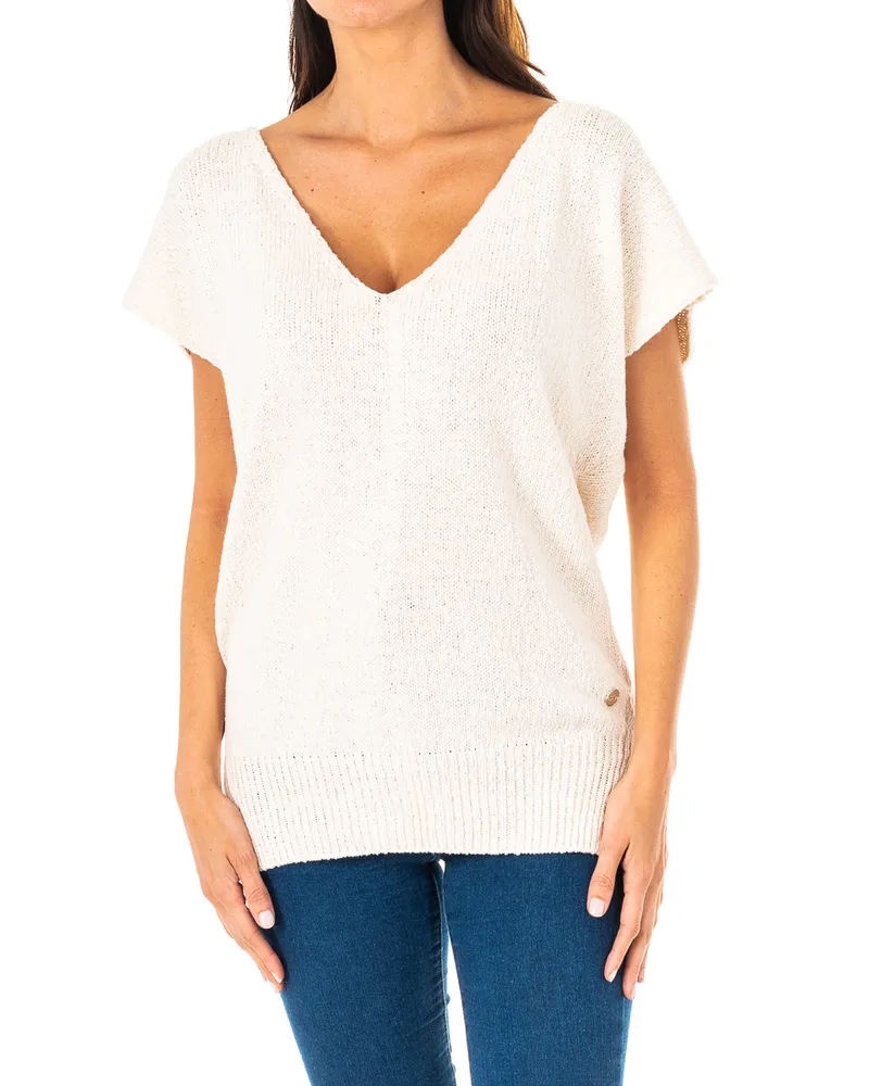 La Martina Damen Kurzarm Pullover mit V-Ausschnitt LWS007 Weiß