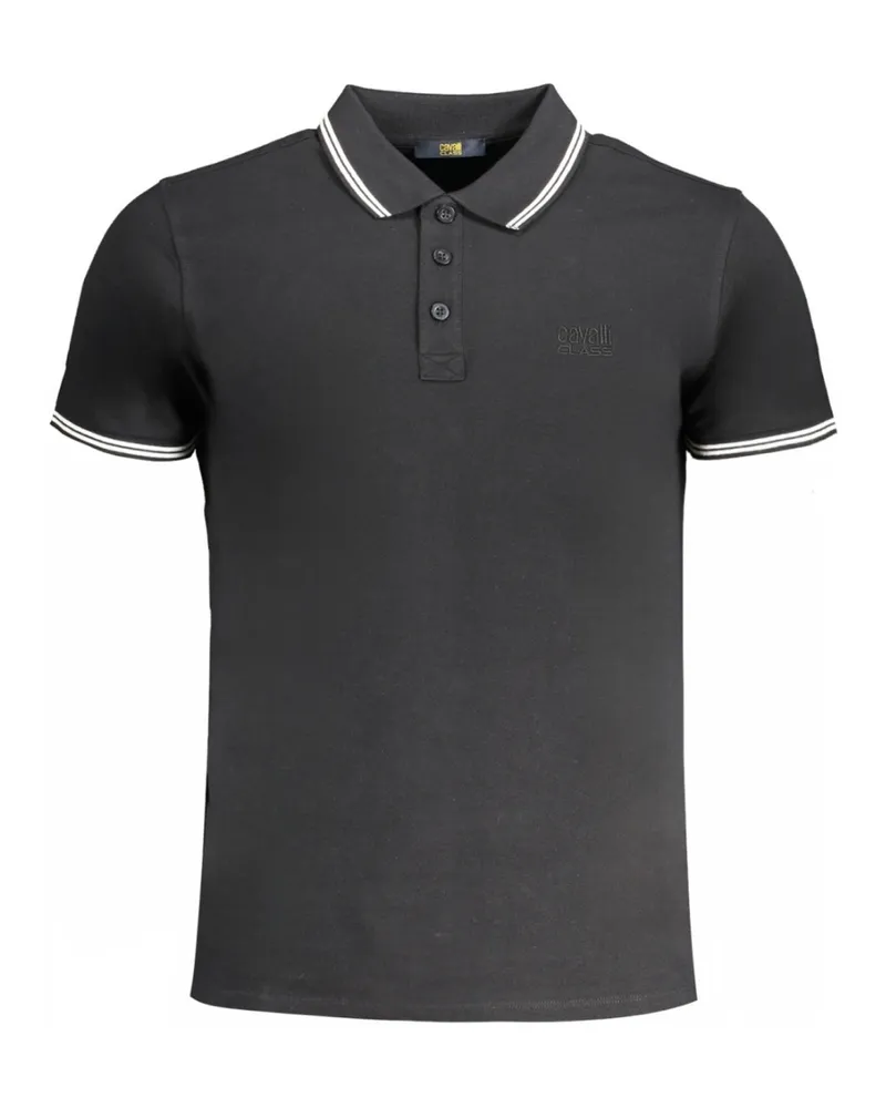Roberto Cavalli Polo-Shirt in Schwarz mit weißem Kragen und toned Logo Schwarz