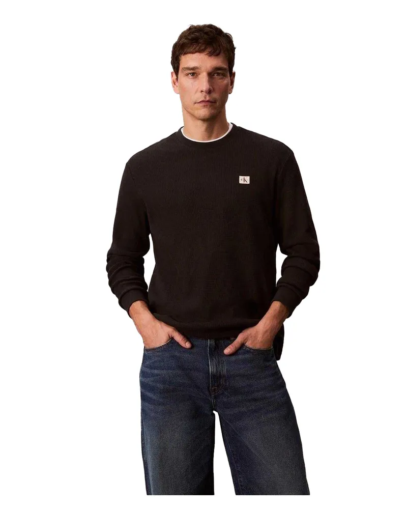 Calvin Klein T-Shirt für Herren, Waffelstoff, Langärmlig (Schwarz Schwarz