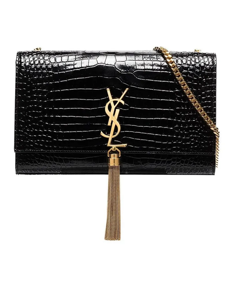Saint Laurent Kate mittelgroße Ledertasche mit Krokodilprägung und Quaste - Schwarz Schwarz