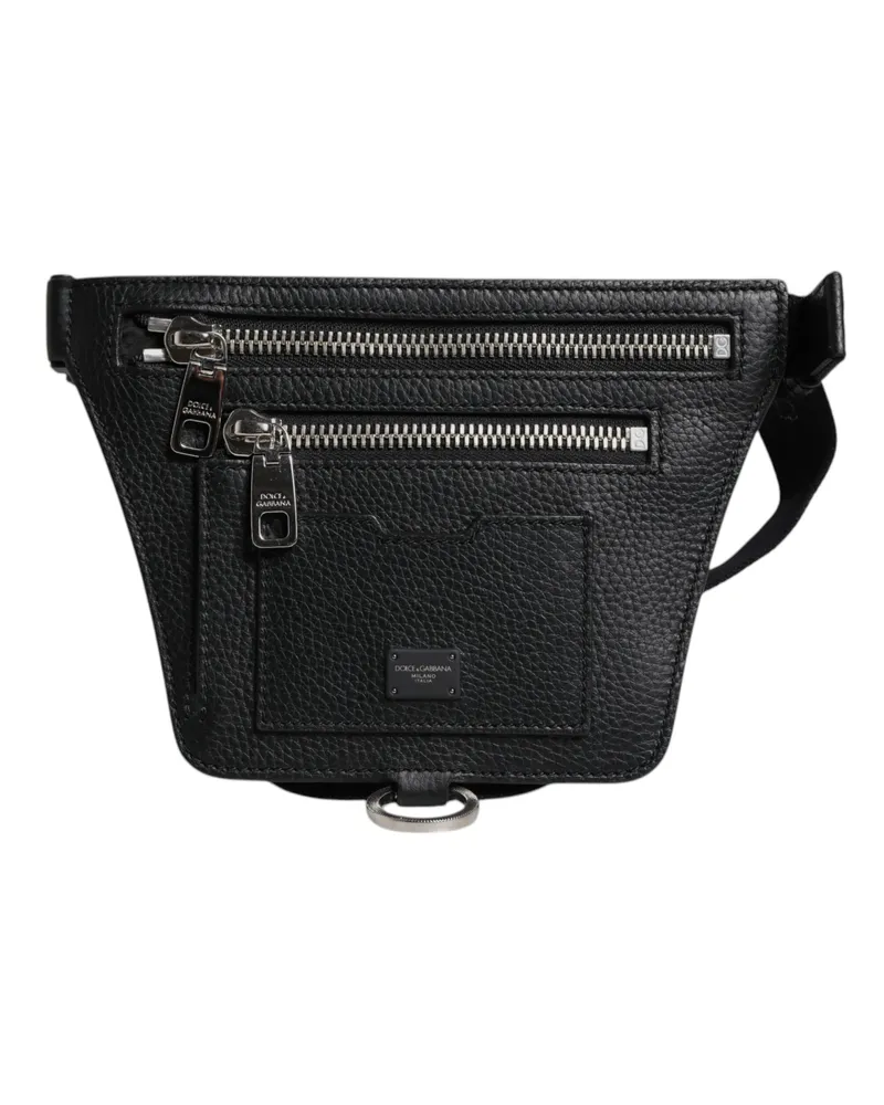 Dolce & Gabbana Schwarzer Kalbsleder-Logo-Plakette Gürtel Hüfttasche für Herren Schwarz