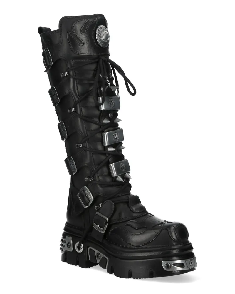 New Rock M-161-C10 Kniehohe Gothic-Stiefel aus schwarzem Leder mit Spikes Schwarz