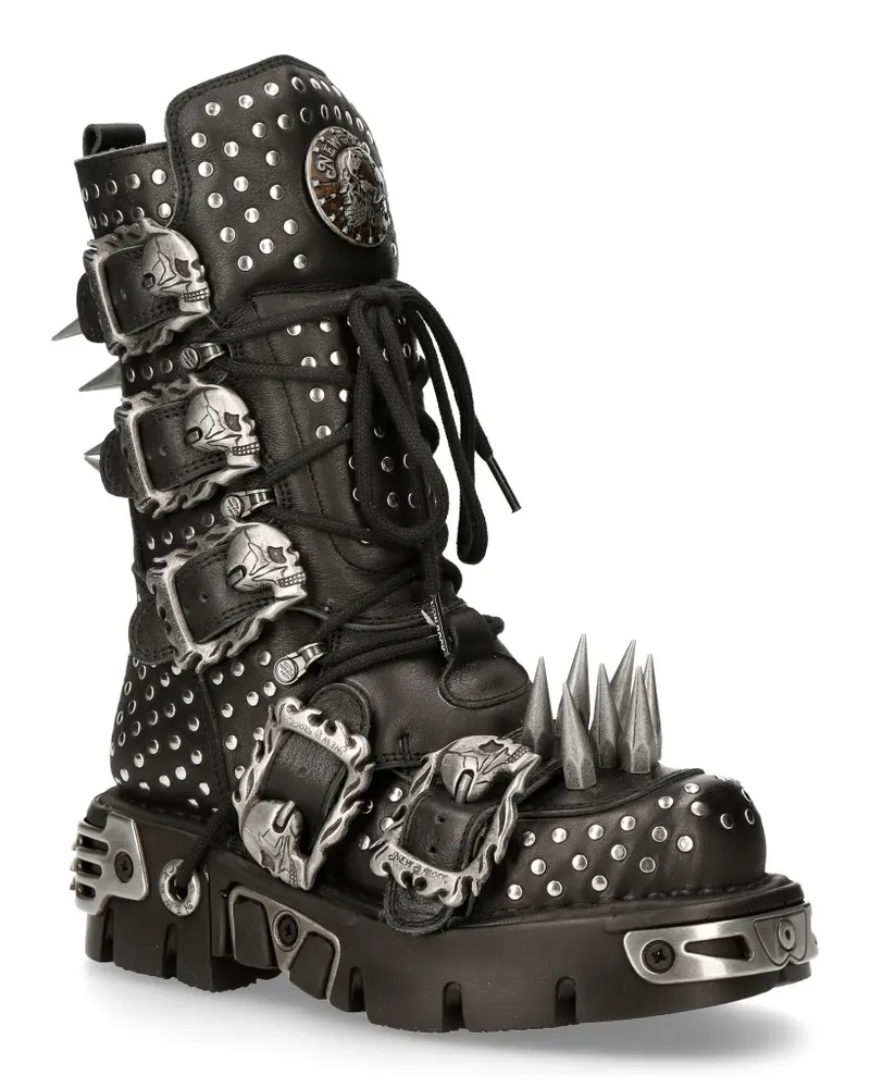 New Rock Gothic-Stiefel mit Nieten aus schwarzem Leder-1535-S1 Schwarz