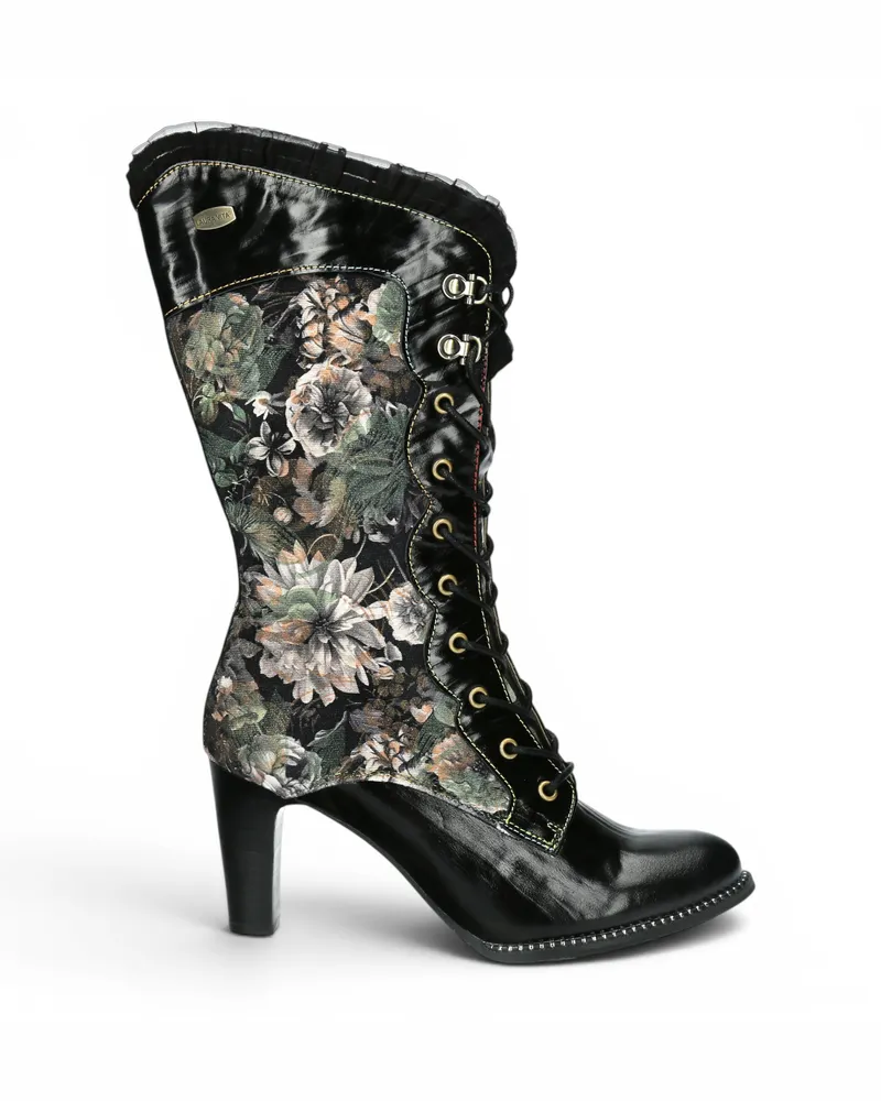 Laura Vita Floral Goth Victorian Leather High Boots mit Absatz – Alcbane-351 Schwarz