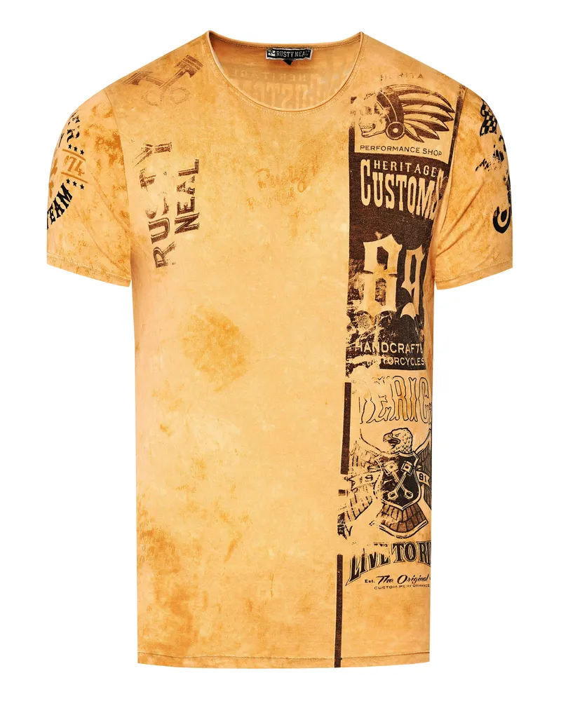 Rusty Neal Washed Biker T-Shirt mit Front & Back Prints Camel